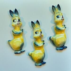 Vintage Iridescent Bunny Wall Hanging Hand painted Figurines Kitschy Granny Chic